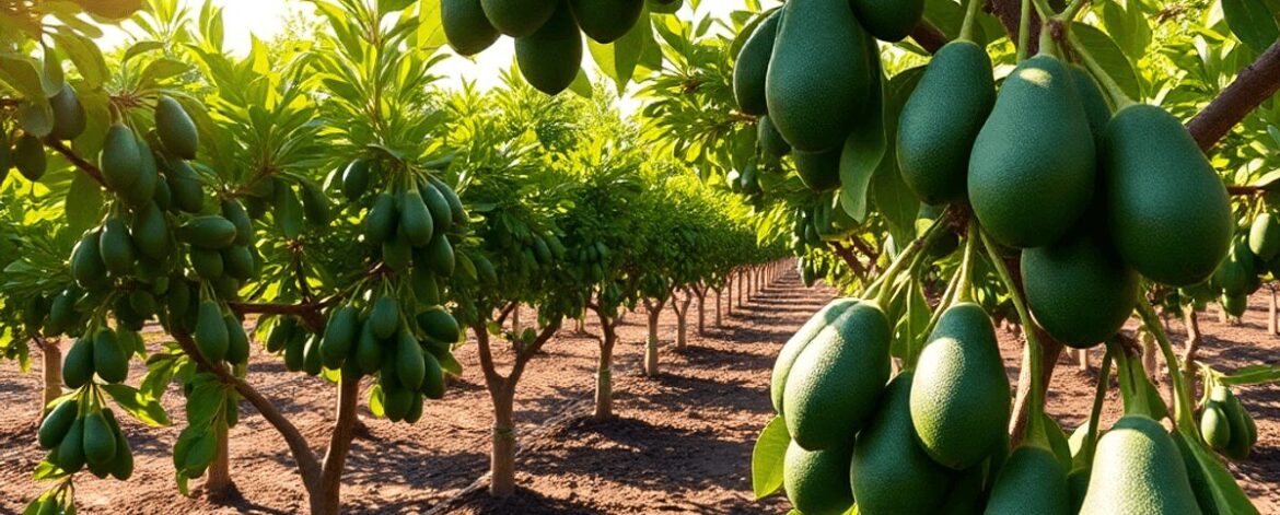 Lush Hass avocado orchard with ripe avocados on trees, bright sunlight, rich soil, and visible irrigation systems in a realistic style.