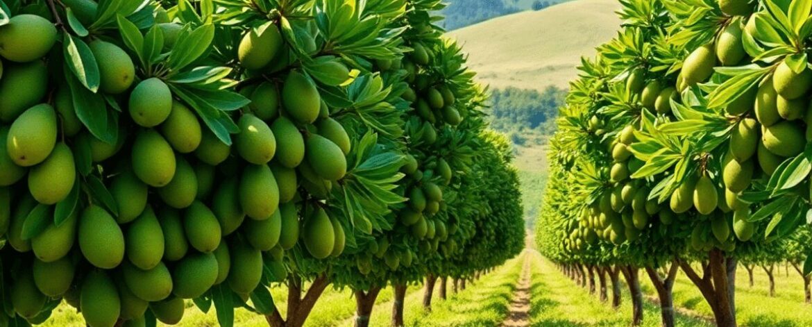 Lush Hass avocado trees heavy with ripe fruit in a vibrant farm scene with green highlands and a bright blue sky.