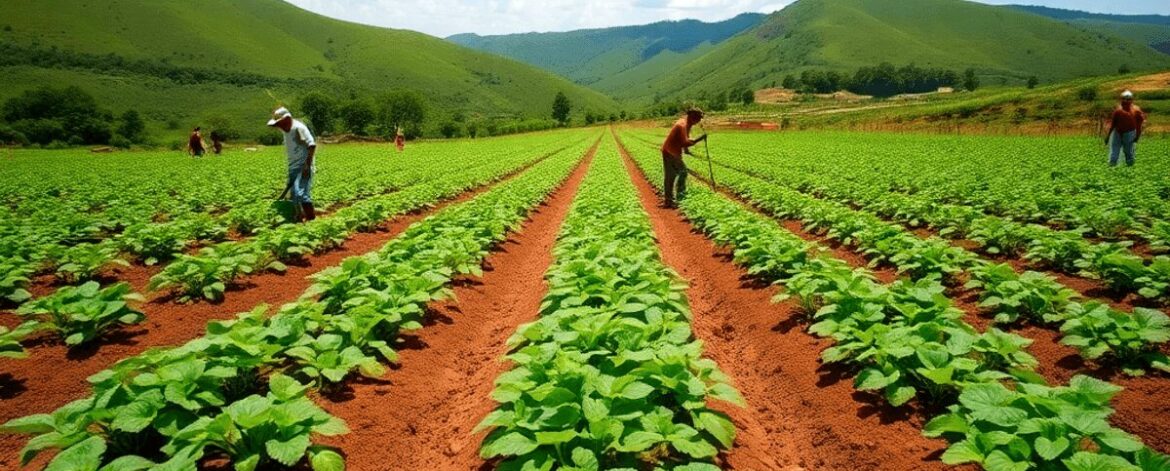 Lush Kenyan highland farm with rows of healthy potato plants, farmers tending crops under a bright blue sky, surrounded by green hills.