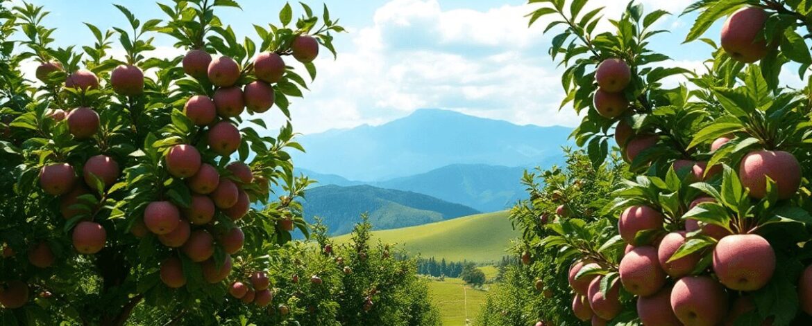 Lush apple orchard with ripe fruit under a clear sky, set against rolling green hills and distant mountains in a high-altitude landscape.