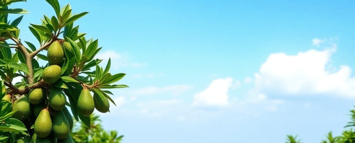 Lush avocado farm with ripe Hass avocados on green trees under a bright blue sky in a fertile agricultural landscape.