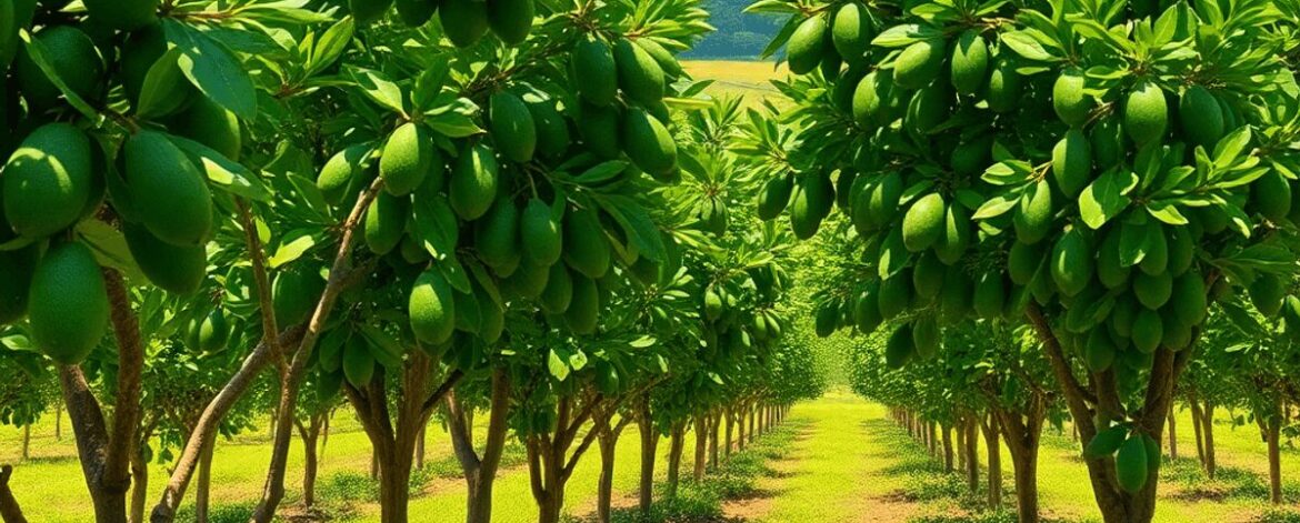 Lush avocado farm with ripe fruits, rolling hills, bright blue sky, and fertile soil under vibrant sunlight.