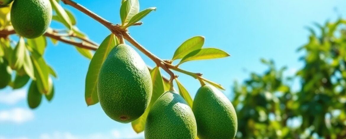 Lush avocado farm with ripe green avocados on trees under a bright blue sky and vibrant green landscape.