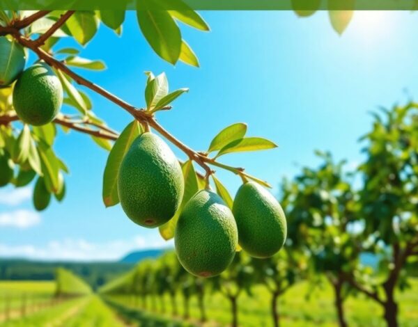 Lush avocado farm with ripe green avocados on trees under a bright blue sky and vibrant green landscape.