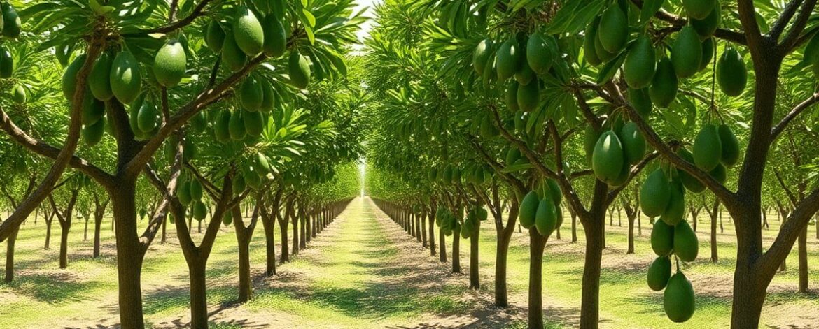Lush avocado orchard with green trees and clear, weed-free ground under bright sunlight in a realistic style.