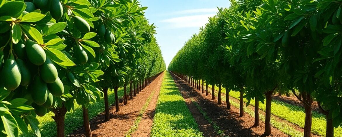 Lush avocado orchard with green trees in neat rows under a bright blue sky, highlighting rich soil and healthy plants in a realistic style.