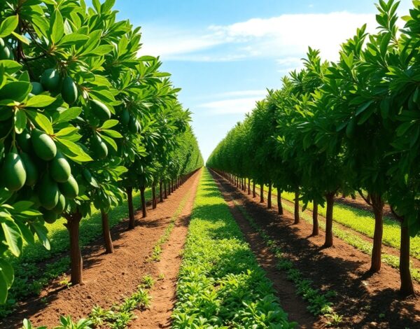Lush avocado orchard with green trees in neat rows under a bright blue sky, highlighting rich soil and healthy plants in a realistic style.