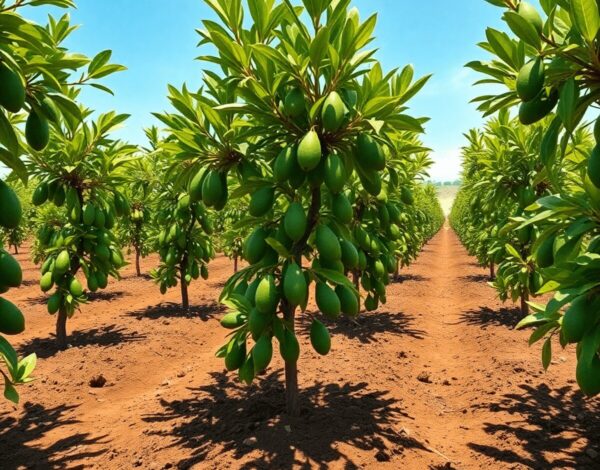 Lush avocado orchard with green trees in rich soil under a bright, sunny sky, showcasing healthy growth and fertile earth.