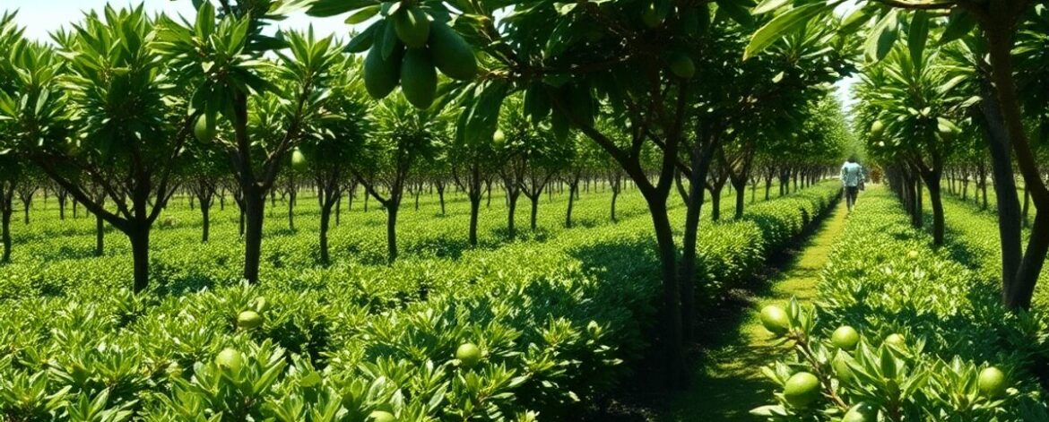 Lush avocado orchard with healthy Hass trees interplanted with rows of vibrant coffee shrubs under natural sunlight.