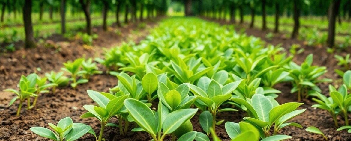 Lush avocado orchard with healthy green trees and close-up of certified avocado seedlings growing in rich soil, highlighting sustainable farming.