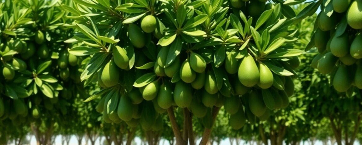 Lush avocado orchard with healthy green trees, ripe fruit, and visible strong roots under a clear blue sky in a realistic style.