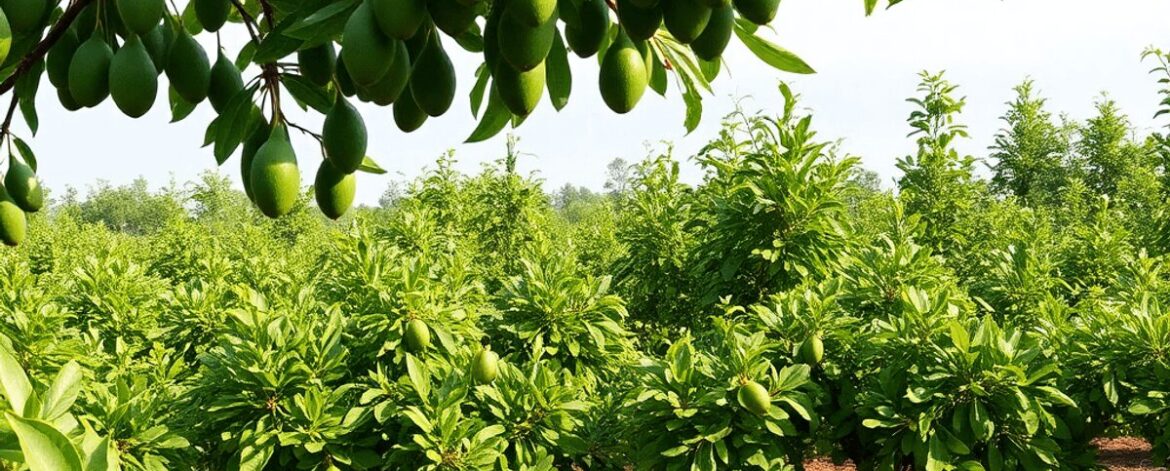 Lush avocado orchard with ripe fruit on trees, farming tools like pruning shears and watering cans neatly arranged, showcasing professional avocado...