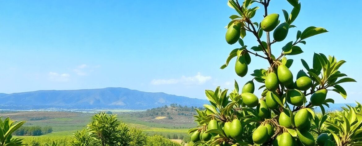 Lush avocado orchard with ripe fruit, rolling highlands, and clear blue sky, showcasing vibrant and sustainable farming.