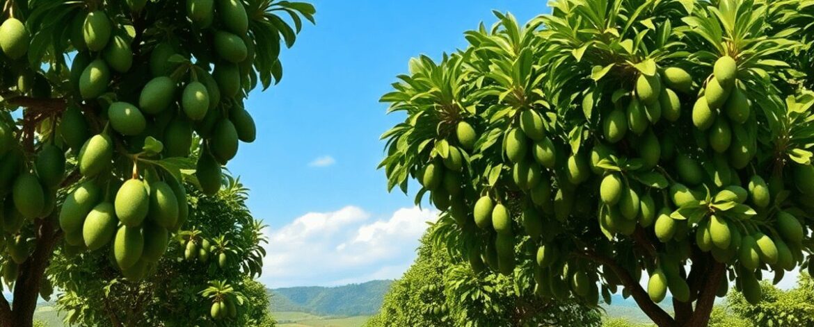 Lush avocado trees laden with fruit on a vibrant farm under a bright blue sky, with fertile soil and rolling hills in the background.