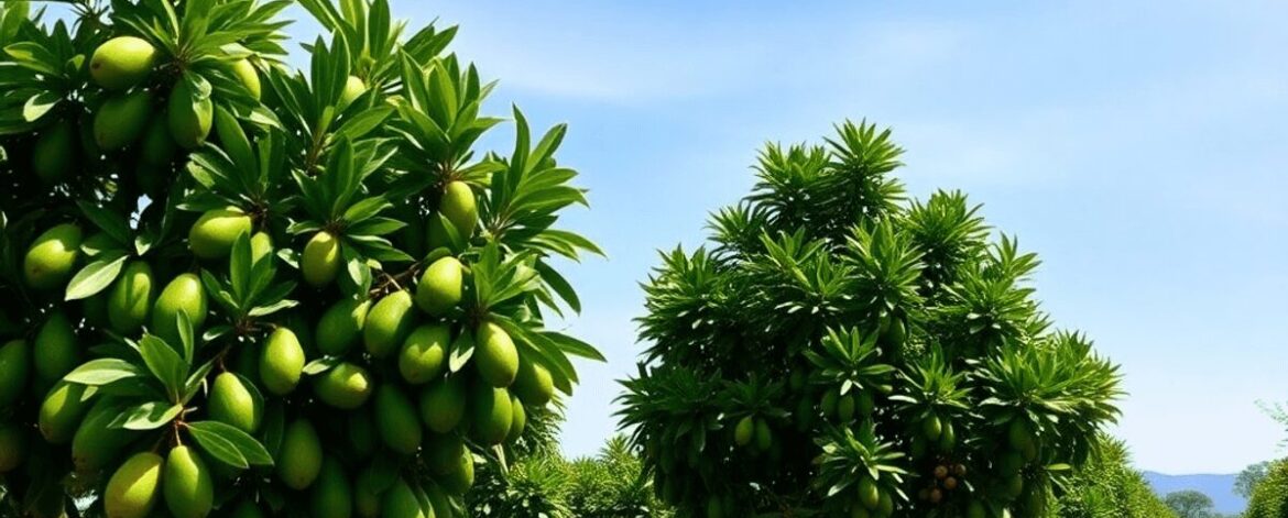 Lush avocado trees with ripe fruit under a bright sky, surrounded by mango and passion fruit plants on fertile soil in a vibrant tropical farm.