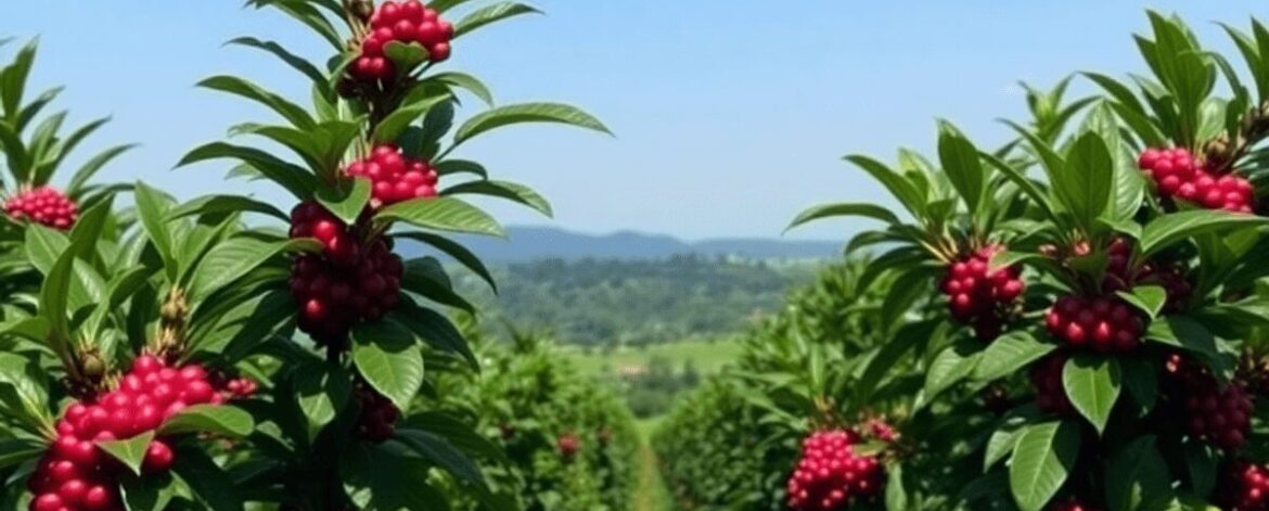 Lush coffee farm with healthy Ruiru 11 plants bearing red cherries, set in a green landscape under a clear blue sky.