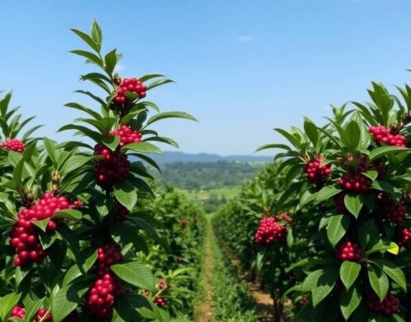 Lush coffee farm with healthy Ruiru 11 plants bearing red cherries, set in a green landscape under a clear blue sky.