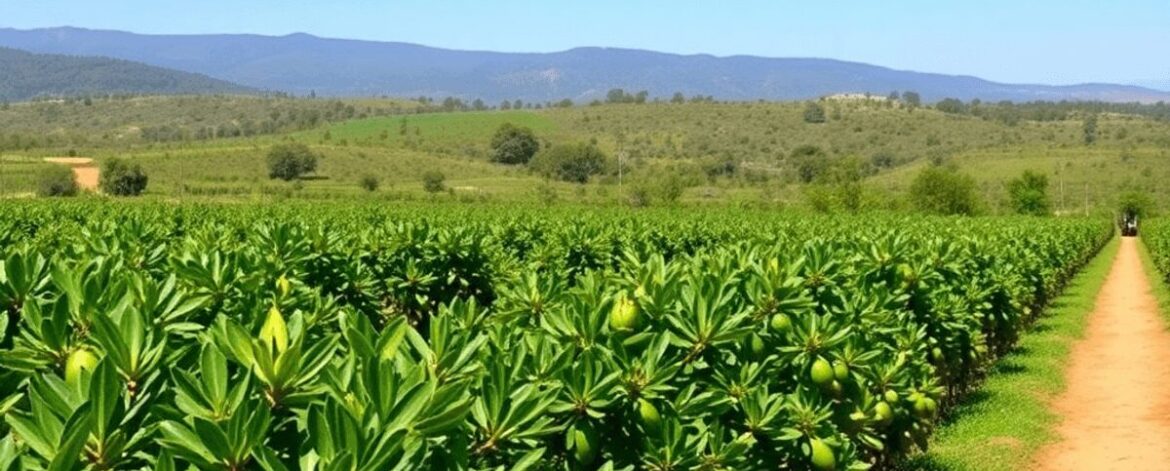 Lush green avocado orchard with rolling hills and clear blue sky, highlighting ideal farming conditions.