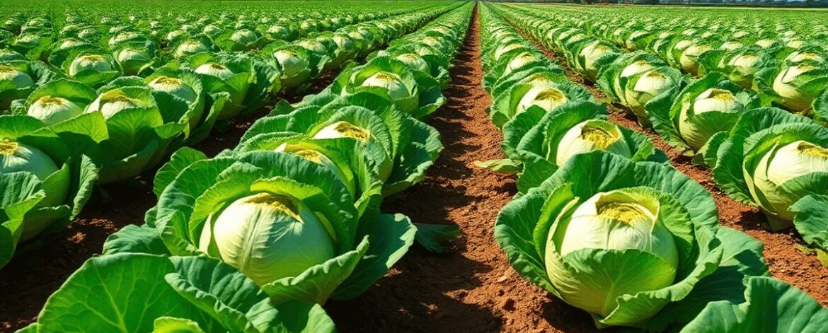 Lush green cabbage heads growing in neat rows under a bright blue sky on a vibrant farm with fertile soil.