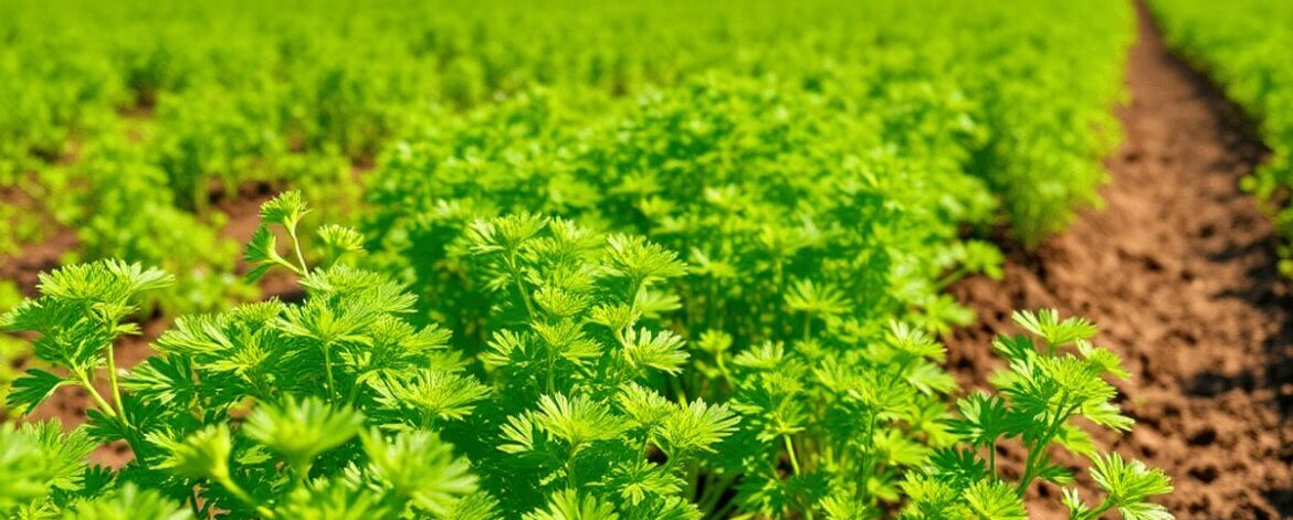 Lush green coriander plants growing in a vibrant farm under bright sunlight with fertile soil and a clear blue sky in the background.
