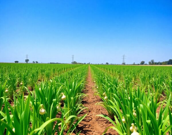 Lush green garlic plants growing in neat rows under a bright blue sky on a vibrant farm.