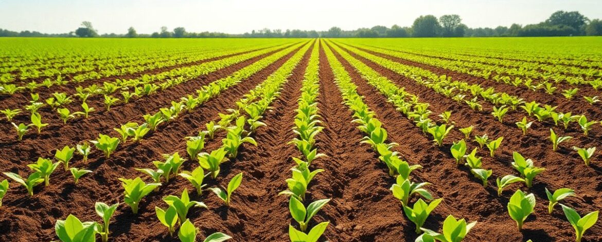 Lush green seedlings growing in neat rows under a bright sunny sky in a vibrant farm field.