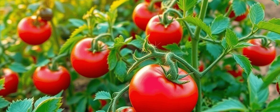 Lush green tomato plants with ripe red tomatoes under bright sunlight in an open farm field, showcasing healthy crops ready for harvest.