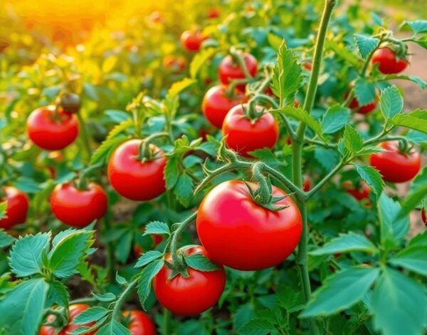 Lush green tomato plants with ripe red tomatoes under bright sunlight in an open farm field, showcasing healthy crops ready for harvest.