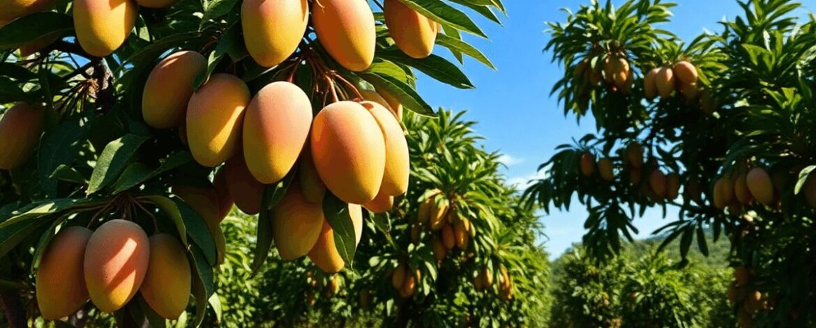 Lush mango orchard with ripe fruits under a bright blue sky, fertile soil, and diverse landscapes in the background.