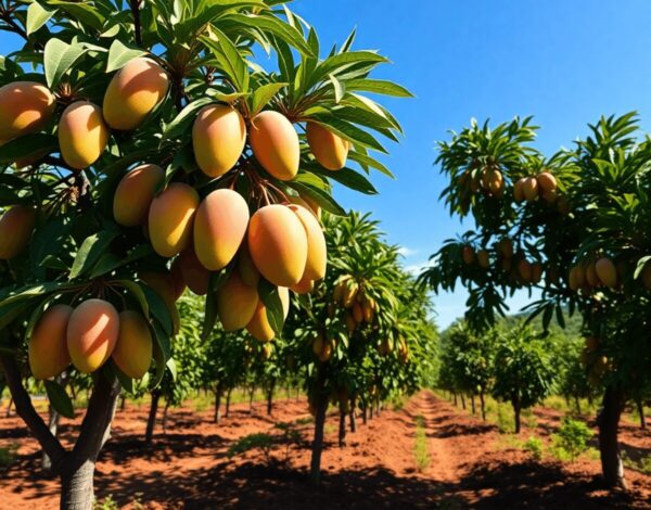 Lush mango orchard with ripe fruits under a bright blue sky, fertile soil, and diverse landscapes in the background.