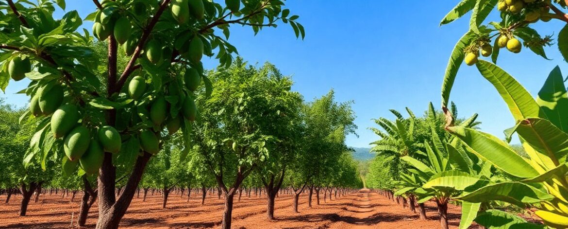 Lush orchard with avocado, mango, citrus, and banana trees growing in rich soil under a bright blue sky.