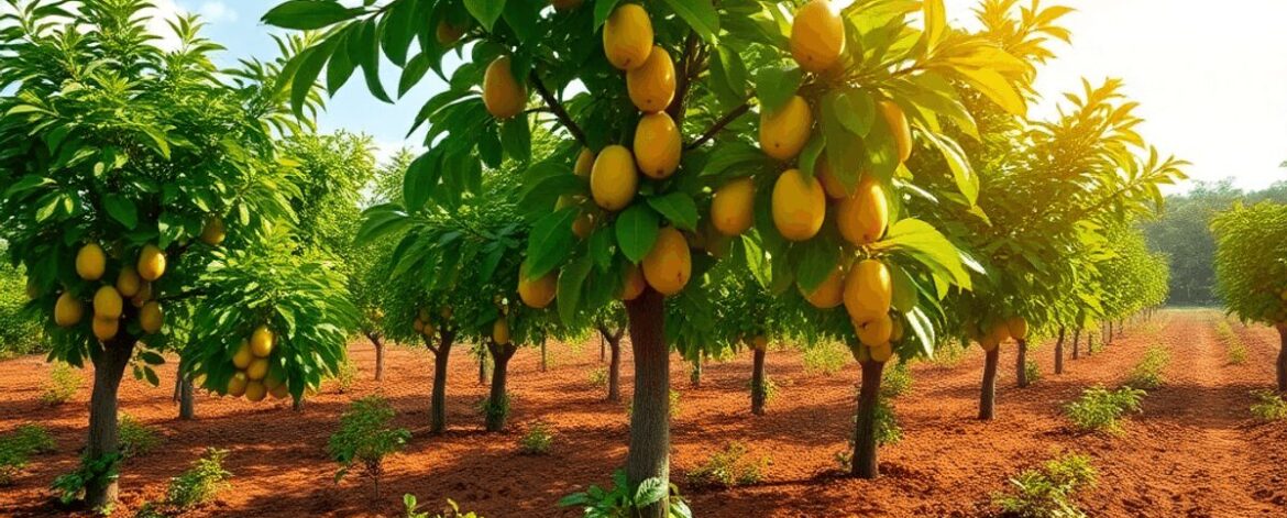 Lush organic fruit trees on a vibrant farm with rich soil under a bright sky, illustrating sustainable agriculture without synthetic chemicals. Lush organic fruit trees on a vibrant farm with rich soil under a bright sky, illustrating sustainable agriculture without synthetic chemicals.
