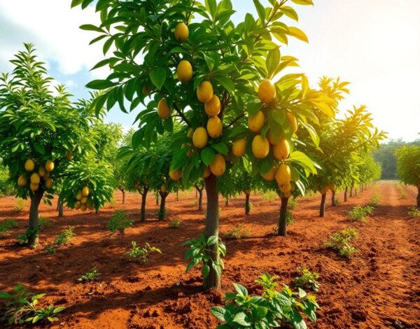 Lush organic fruit trees on a vibrant farm with rich soil under a bright sky, illustrating sustainable agriculture without synthetic chemicals.