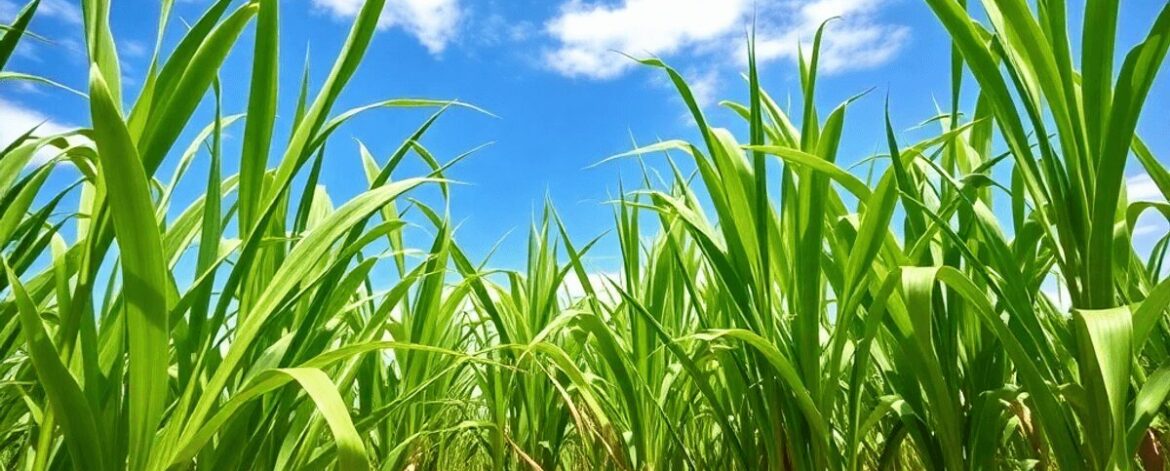Lush sugarcane field under bright blue sky with tall green stalks and traditional farming tools resting nearby in a rural setting.