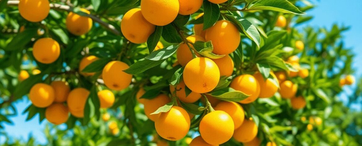 Orchard of green trees laden with bright yellow-orange Pixie oranges under a clear blue sky, ripe and ready for harvest.