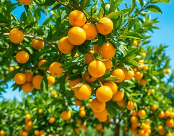 Orchard of green trees laden with bright yellow-orange Pixie oranges under a clear blue sky, ripe and ready for harvest.