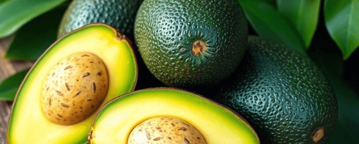 Ripe Hass and Fuerte avocados on a rustic wooden table with green avocado leaves in the background, highlighting their distinct textures and colors.
