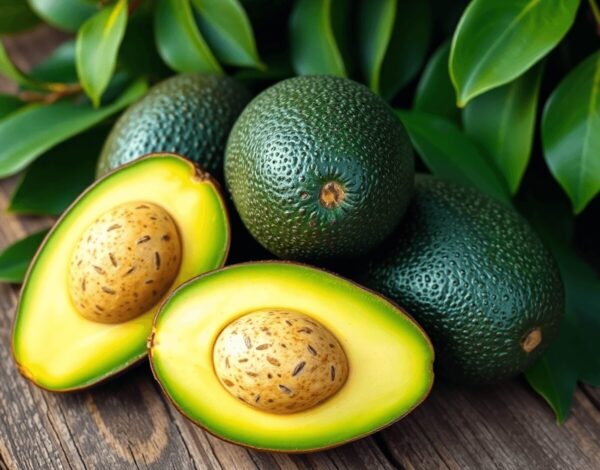Ripe Hass and Fuerte avocados on a rustic wooden table with green avocado leaves in the background, highlighting their distinct textures and colors.