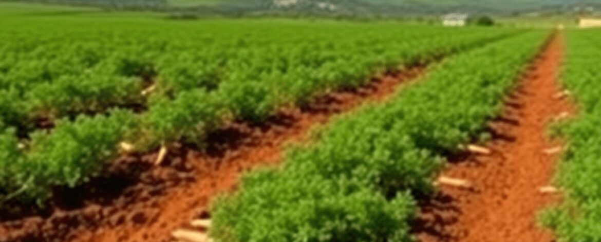 Rows of bright orange carrots growing in rich soil under a clear blue sky, surrounded by lush green hills in a vibrant agricultural landscape.