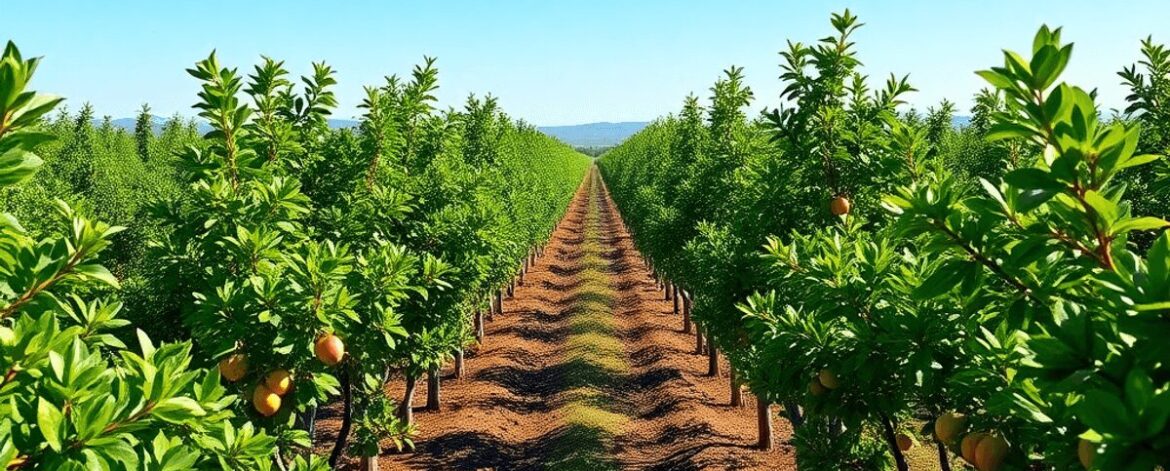 Rows of healthy fruit trees in a vibrant orchard with drip irrigation and micro-sprinklers under a clear blue sky. Rows of healthy fruit trees in a vibrant orchard with drip irrigation and micro-sprinklers under a clear blue sky.