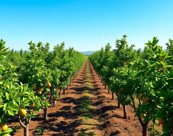 Rows of healthy fruit trees in a vibrant orchard with drip irrigation and micro-sprinklers under a clear blue sky.