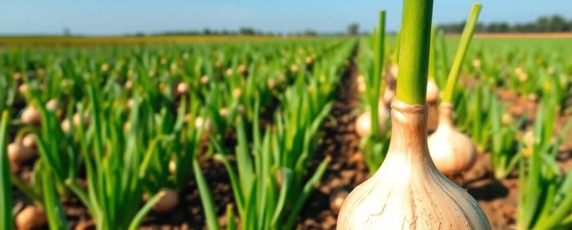 Rows of healthy onion plants in a vibrant farm field under a bright blue sky.