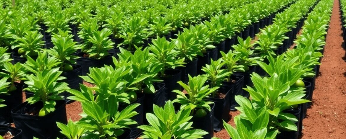 Rows of healthy young avocado plants in black nursery bags on lush green farmland under a bright blue sky.