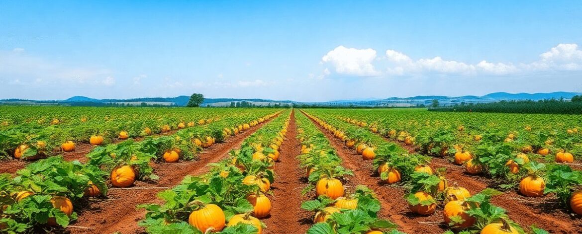 Rows of vibrant orange pumpkins growing in rich soil under a bright blue sky, surrounded by green foliage and distant hills on a thriving farm.