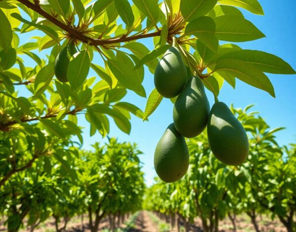 Sunlit avocado orchard with healthy trees, ripe Fuerte avocados hanging from branches, under a clear blue sky and fertile soil.