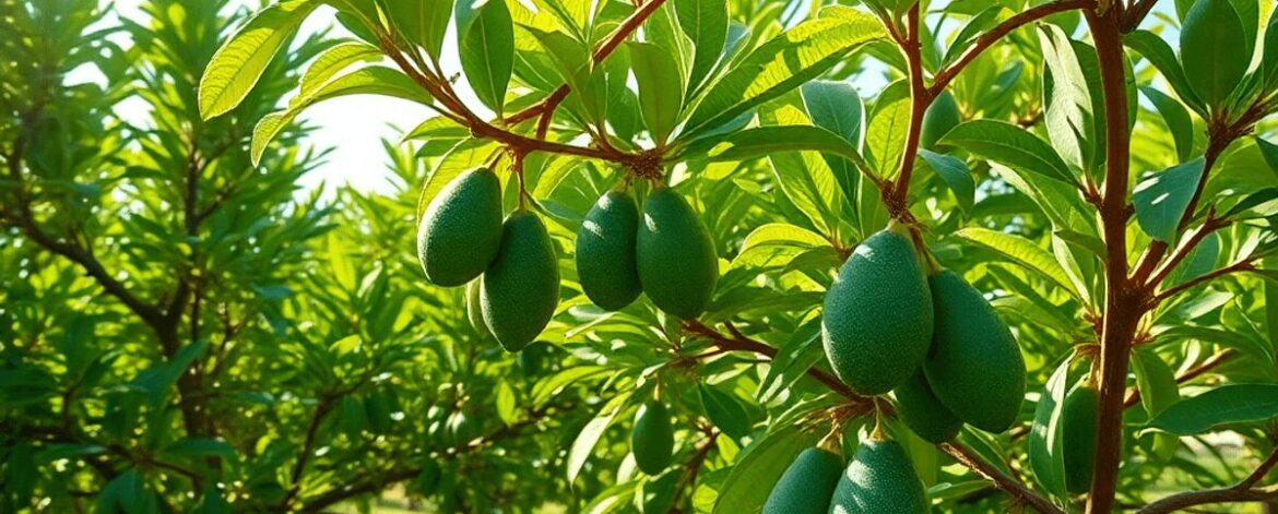 Sunlit avocado orchard with healthy, well-pruned trees bearing ripe avocados amid lush green leaves, symbolizing growth and successful farming.