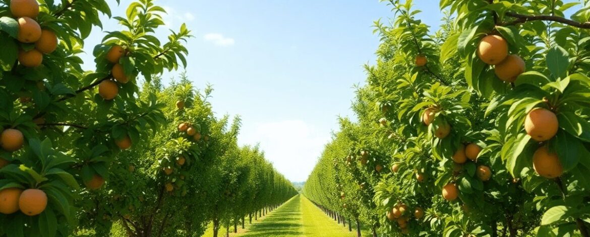 Sunlit orchard with evenly spaced fruit trees bearing ripe fruit and green leaves under a clear sky.