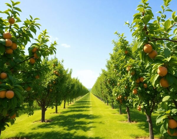 Sunlit orchard with evenly spaced fruit trees bearing ripe fruit and green leaves under a clear sky.
