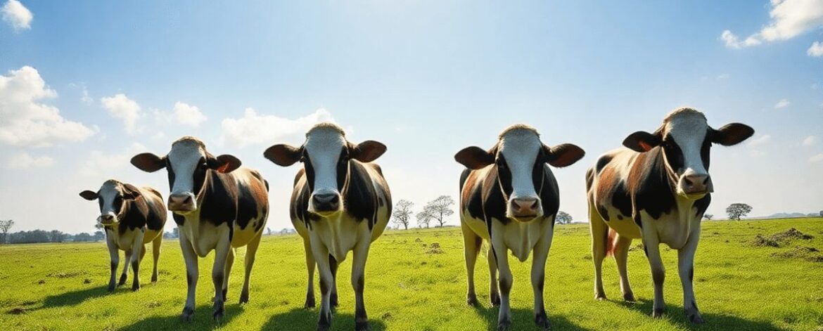 Ten healthy cows grazing on lush green pasture under a bright sky on a vibrant small-scale dairy farm.
