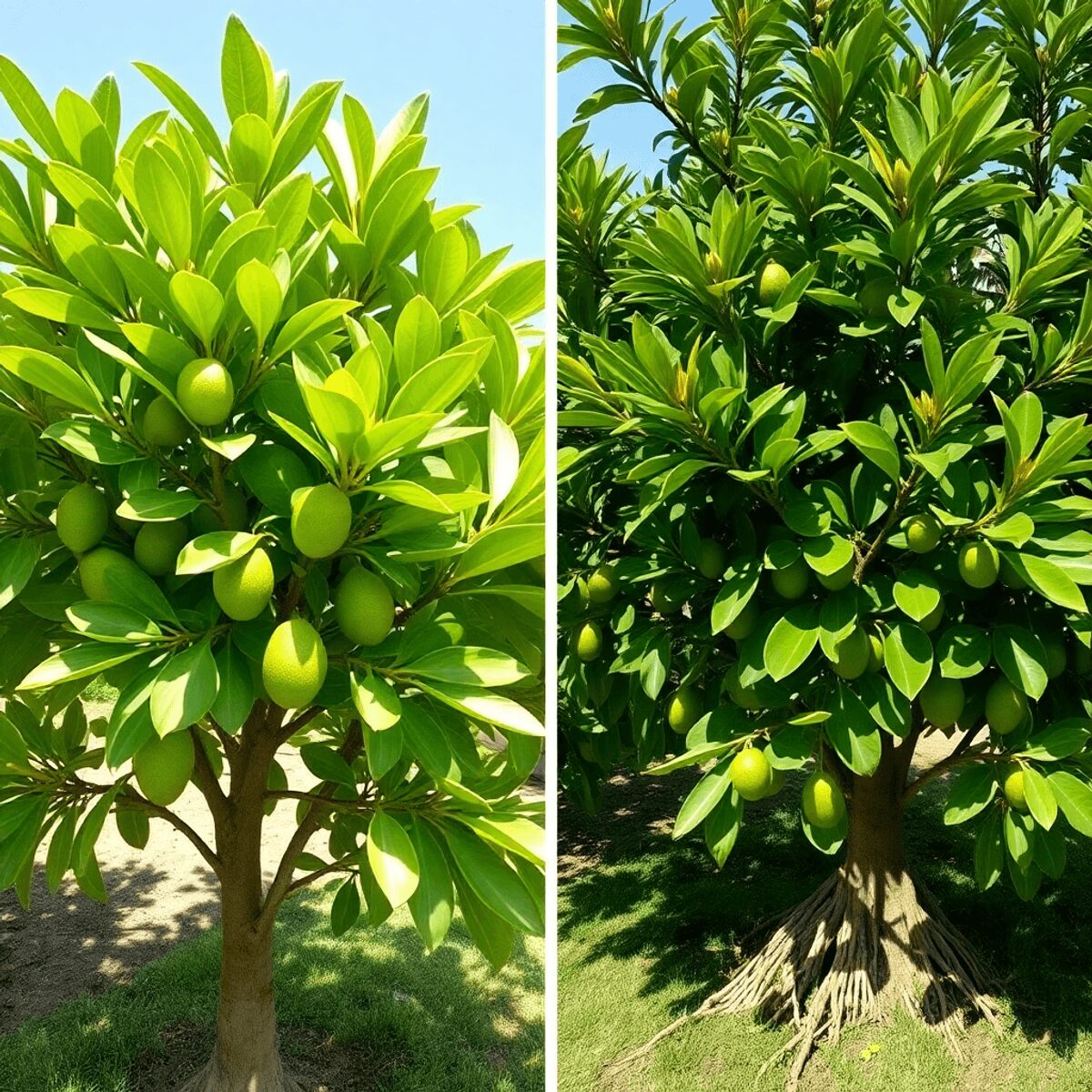 Two avocado trees in a sunny orchard: one healthy with vibrant green leaves, the other showing yellowing leaves and brown tips from root rot.